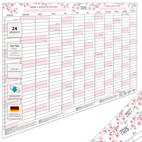 Wandkalender 2026 2027 2 Jahre DIN B1 (70,7 × 100 cm) groß quer, Jahreskalender gefaltet + Gratis DIN A3 Jahresplaner Kalender, XXL Poster Wand-Planer mit Feiertagen DE