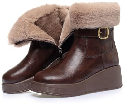 MEECHI Stivali Platform con Zeppa Stivaletti da Donna in Pelle PU con Fibbia Stivaletti Caldi in Peluche con Cerniera, Stivali da Neve Antiscivolo Invernali, Scarpe in Cotone for Esterno(Brown,36 EU)