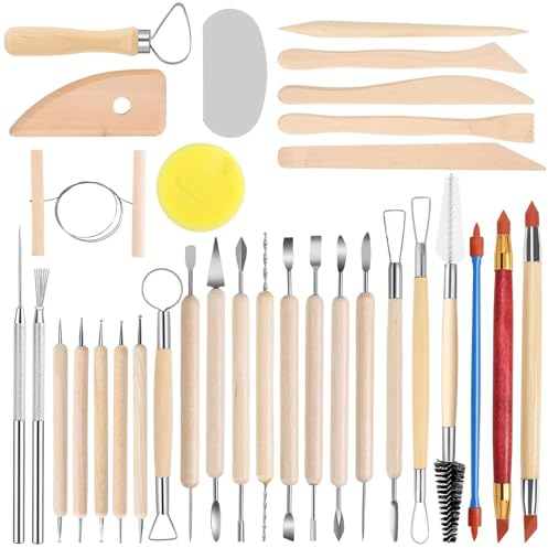 CHARMNAIL Kit di Attrezzi per Ceramica 32 Pezzi per Argilla da Modellare, Utensili per Scultura in Legno & Acciaio, Set Creativo Fai da Te per Principianti, Famiglia, Regalo Creativo