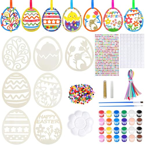 Ostern Basteln,103 Stück Bastelset Ostern,Holz Ostereier zum Bemalen,Osteranhänger Holz,Ostereier zum Aufhängen,Osterdeko Basteln mit Pompons, Deko Schnur, Strass, Osteraufkleber, Ostergeschenke