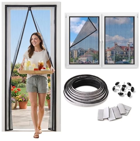 Mosquitera Magnética para Puerta 210x100 cm con Cierre Automático + Mosquitera Ventana Recortable | Kit Completo Anti Mosquitos con Imanes, Velcro y Chinchetas | Fácil Instalación sin Taladrar