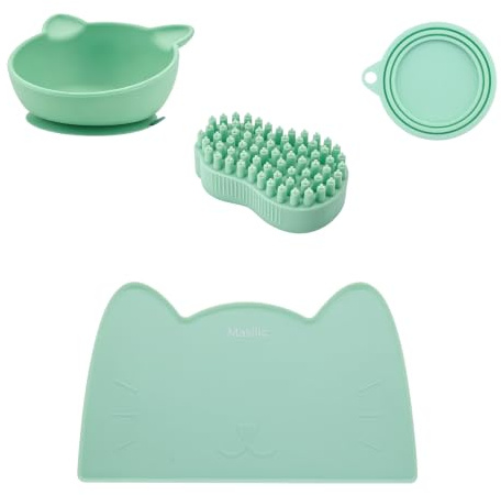 Set pour Chat avec Brosse en Silicone, gamelle, Tapis et Couvercle, Menthe | Accessoires en silicone pour chiens et chats, résistants, souples, faciles d'entretien, de haute qualité, polyvalents