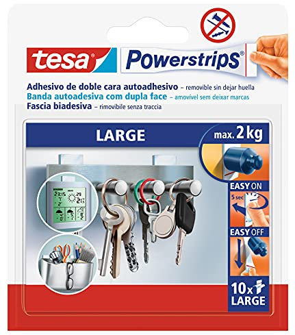 tesa Powerstrips Grande, Tiras Adhesivas Doble Cara adecuadoes para Superficies Planas y Lisas, Para Objetos de hasta 2 kg, Paquete con 10 Powerstrips