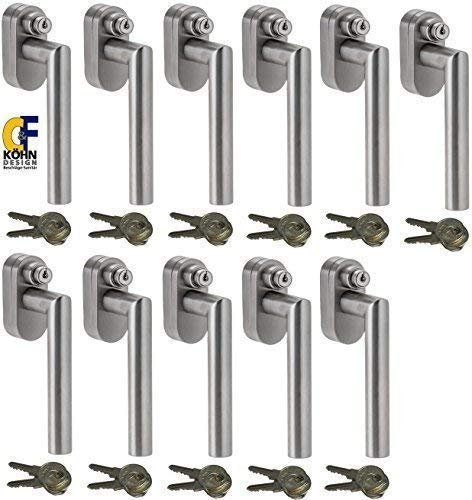 Abschließbarer Fenstergriff L-Form, Sicherheitsklasse ES2 geprüft, Edelstahl matt - Stiftlänge 35 mm, im Set 11 Stück alle gleichschließend mit insgesamt 22 Schlüssel