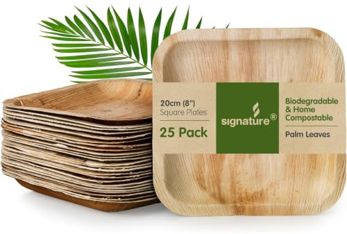 Signature Natural Palm Leaf Plates, 8 Inch Square, 25 Pack | Sturdy compostable palm leaf. Natural, eco-friendly. For weddings, parties and corporate events.