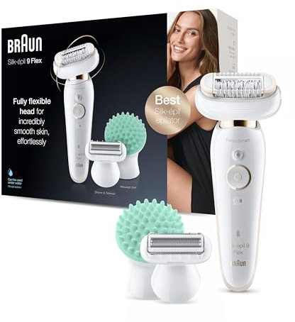 Braun Silk-épil 9 Flex Epilator, Flexible Head for Easier Hair Removal with Ladies Electric Shaver and Trimmer, Gifts for Women, UK 2 Pin Plug, 9-020, White/Gold
