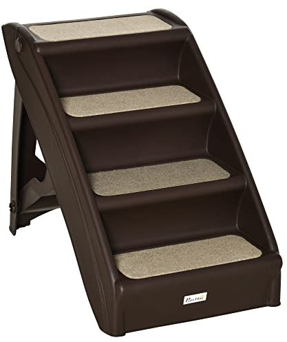 PawHut Escalera Plegable para Mascotas de 4 Peldaños Escalón para Perros Gatos Portátil con Alfombras Antideslizantes para Cama Sofá Carga 20 kg 62x38x49,5 cm Marrón Oscuro