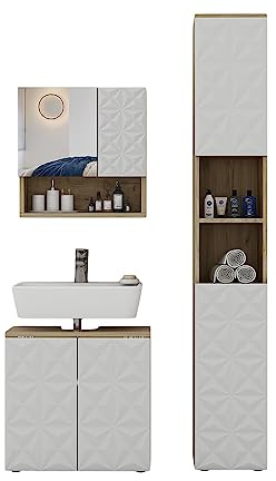 Vicco Badmöbel-Set Edge, Weiß, 60 cm | besteht aus Waschbeckenunterschrank, Spiegelschrank und Hochschrank