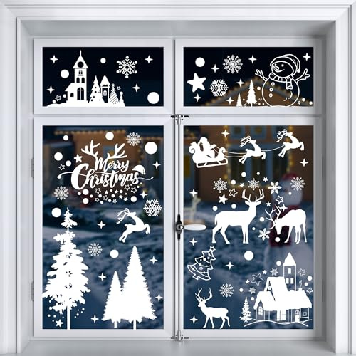 Moxled Fensterbilder Weihnachten Selbstklebend, 148 Weiß Fensterdeko Weihnachten, Wiederverwendbar Statisch Haftende PVC Aufkleber für Fenster Tür Winter Schneeflocken Weihnachtsdeko