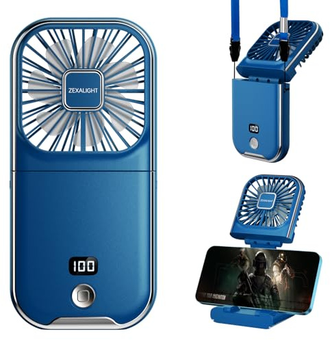 ZEXALIGHT USB Rechargeable Upgraded 5-in-1 Portable Handheld Fan, Necklace Fan, Desk Fan, Foldable Phone Stand, 4 Speeds Airflow, Quiet Personal Fans with LED Digital Screen (Blue)