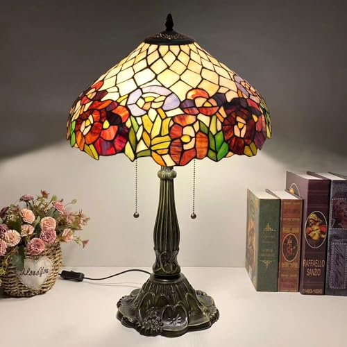 BOTOWI Rose Tiffany Stil Buntglas Tischlampe, Vintage handgemachte dekorative Schreibtischlampe Zugschnur Schalter Leselampe für Wohnzimmer Schlafzimmer Hochzeitszimmer,Rot