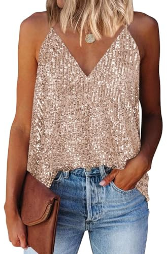 EUDOLAH Mujer Lentejuelas Top Cuello V Sin Mangas Verano Halter Chaleco Casual Suelto Moda Playa Fiesta(Albaricoque,M)