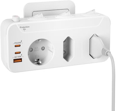Presa Multipla USB,Adattatore Multipresa Salvaspazio 3 Posti 1 Schuko 2 Prese Euro,Ciabatta Multipresa con interruttore,Tripla Prese Elettriche Protezione Sovratensione,Tedesca Spina Rotante,Bianco