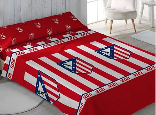 Juego de Cama At. Madrid de Fútbol, 3 Piezas (Bajera, Encimera y Funda de Almohada), Sábanas del At. Madrid, Regalo, Oficial Fútbol At. Madrid, (M1, 90 cm)