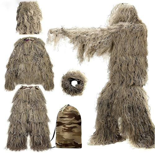 JuanNest 5 En 1 Traje De Francotirador,Hunting Ghillie Suit Desert,Traje Táctico,Camuflaje Ropa,3D Gillie Sigilo Hierba Marchita Ropa Camuflaje Cazador Al Aire Libre Selva Poncho B,H 185-190CM