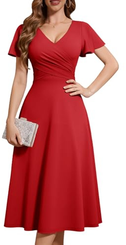 Fynadressr Womens Wedding Guest Party Dress Cocktail Semi Formal Wrap V Neck Short Sleeve A Line Midi Dress with Belt
