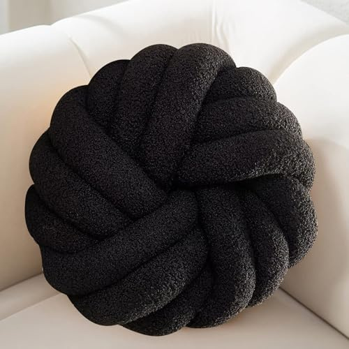 XIAIJIA Knot Pillow Ball Soft Black Round Throw Pillows Plush Knot Throw Pillow for Couch Home Decorative Knotted Pillows for Bed Living Room Floor Pillow Cushions,14 inches