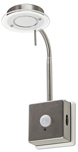 Trango LED Steckerleuchte Nachtlicht mit Automatikfunktion TG2608S direkt 230V mit Bewegungssensor in Edelstahl-Look Küchen Steckerlampe Wandleuchte
