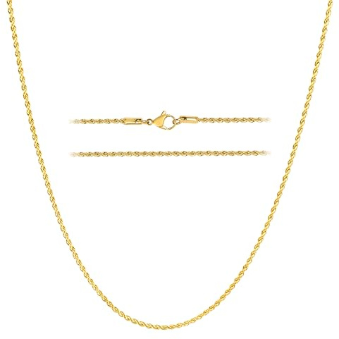 KISPER 18k Gold Hip Hop Braided Rope Chain Necklace – 2mm, 3mm, 5mm Gold Plated Solid Stainless Steel Durable Jewelry for Women & Men with Lobster Clasp