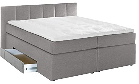 Furniture for Friends Doluna Boxspringbett Valina 200x200cm Hellgrau H3 Kopfteilhöhe 90 cm ideal für Dachschrägen + Bettkasten für Stauraum, 7-Zonen Taschenfederkern-Matratze inkl. Visko-Topper