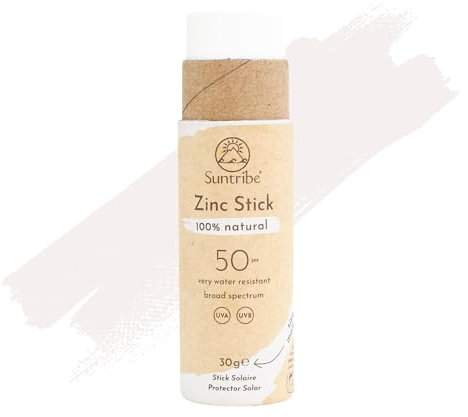 Stick Solar Mineral Zinc Natural FPS 50 Suntribe / 30 g, Blanco Original, Ecológico - 100% Natural, Seguro para Arrecifes, Filtro Mineral UV - Muy Resistente al Agua - Ganador Beauty Shortlist Awards