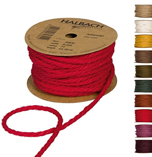 Halbach Jutekordel, 5 mm x 20 m, Rot | Juteseil aus 100 % natürlicher Jute, für Dekoration, Garten und Geschenkverpackungen