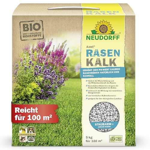 Neudorff Azet RasenKalk – Bio Rasenkalk erhöht den pH-Wert saurer Rasenböden schnell für einen kräftigen, grünen Rasen und beugt Moos vor, 5 kg für 100 m², Kalk
