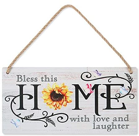 CHDITB New Home Gifts Sunflower Rustic Wooden New House Plaque Sign Bless This Home With Love And Laughter Inspirational Saying Wooden Door Decor(11x 6) Housewarming Gifts Living Room Decorations