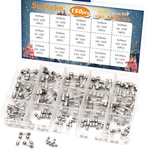 Sunxeke 150Pcs 15 Values 125V Fast Blow Glass Fuses Assortment Kit 3.6X10mm 1 2.5 3 5 A 5x20mm 0.5 1 2 3 4 5 6 8 10 15 20A Mini Glass Fuses