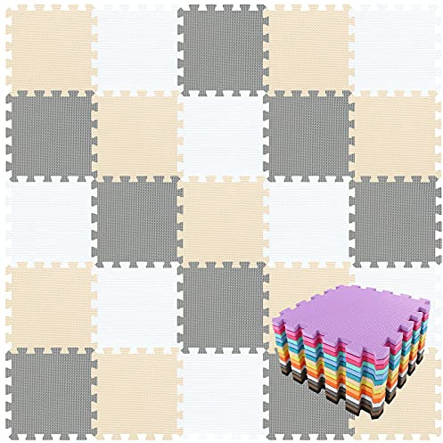 qqpp EVA Rubber 18 Tiles Interlocking Puzzle Foam Floor Mats - Baby Play Mat for Playing | Exercise Mat for Home Workout. White, Beige, Gray. QC-AJLb18N