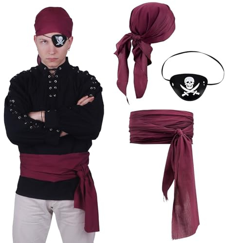 CoolChange Piraten Kostüm Set | mit Kopftuch, Piratenschärpe & Augenklapee | Freibeuter Verkleidung | Weinrot