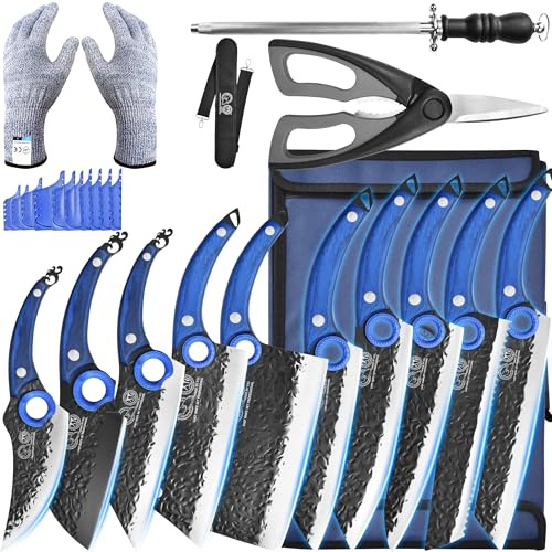 XYJ Authentic seit 1986,10 Stück Küchenmesser Set mit blauer Rollentasche, Schere, Honstahl, Schleifstein, großes Metzgermesser Set, geschmiedete Messer Set, voller Tang Griff, Kohlenstoffstahl