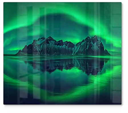 DEQORI Herdabdeckplatte Glas | einteilig 60x52 cm | Motiv Vestrahorn im Polarlicht | Ceranfeld Abdeckplatte für Küche | Herd-Abdeckung universal | Glasplatte & Schneidebrett für Kochplatten