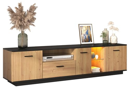 Azkoeesy Mueble TV Salón de 180 cm, con Vetas de Madera, con iluminación LED de 15 Colores, 3 Puertas y cajón, Color Natural y Negro