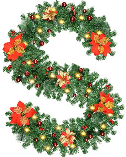 Timiyou Guirnalda Navidad 2,7m con Luces LED, Decora tu Escalera, Chimenea y Puerta de Entrada Esta Navidad! Adornos Navideños para Exterior e Interior, Verde con Flores Rojas y Bolas