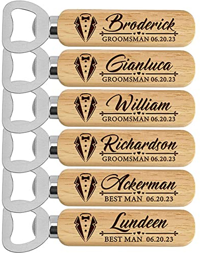 Lot de 6 décapsuleurs personnalisés en bois - Cadeau de mariage gravé pour meilleur homme, père de la mariée, garçon d'honneur
