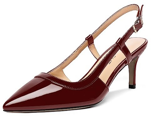 AMBELIGHT Donna Punta Chiusa Lavoro Gattini Solido 2.5 inch Fermaglio Fibbia Tacco Medio Pelle Liscia Slingback Vestito Scarpe col Tacco Borgogna Dimensione 39
