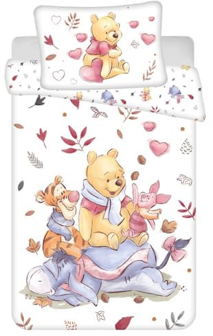 Disney Winnie the Pooh Set de ropa de cama para niños Tigro Pimpi Ih-Oh Hojas Corazones Edredón 100 x 135 cm + Almohada 40 x 60 cm, 100% algodón