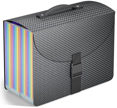 Vanulee 25 Pockets File Organiser Box File Folder,Document Organiser Concertina File Expanding Folders for A4 Paperwork,Paper Bills Receipt Plastic File Box Filing Cabinet,Sturdy Handle,2 Tabs,Diamond