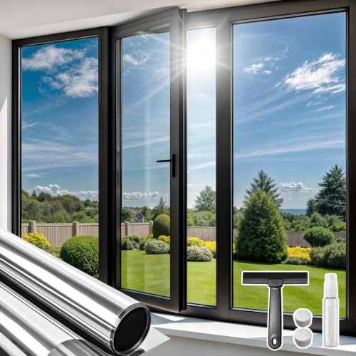 Qualsen Hitzeschutzfolie Fenster Sonnenschutzfolie, Silber-Silber, 90x200cm | Spiegelfolie Einseitig Sichtschutz UV Schutz Hitzeschutz, Statische Adsorption, Sonnenschutzfolie für Innen Außen Dachfenster