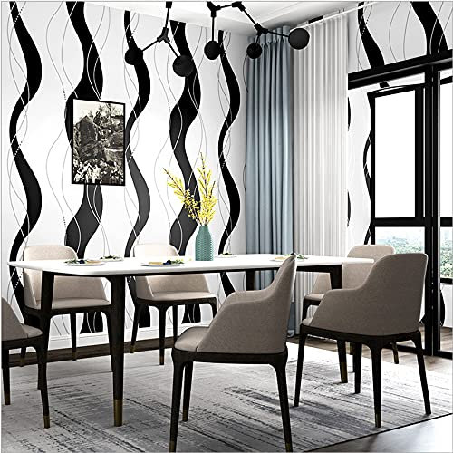 HimYKEA Wave Pattern Wallpaper Vertical Striped Geometric Pattern Lines Scandinavian Style Bedroom Living Room TV Background Non-Woven Wallpaper Black Gray White 1.73'W x 32.8'L