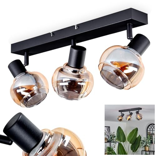 HOFSTEIN Deckenleuchte Cevio, verstellbare Deckenlampe aus Metall/Glas in Schwarz/Rauch-/Bernsteinfarben, Leuchte im Vintage-Design (Ø Schirme 15 cm), 3xE14, Schlafzimmer, Wohnzimmer, Küche, Esszimmer