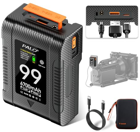 Mspalocell Batterie V-Mount 99Wh 6700mA 14,8V, PD65W USB-C Charge Rapide Battery V-Mount avec écran OLED, USB-C/BP/Dual D-Tap (entrée/Sortie), Sortie DC/USB-A (PD65W) pour caméra caméscope
