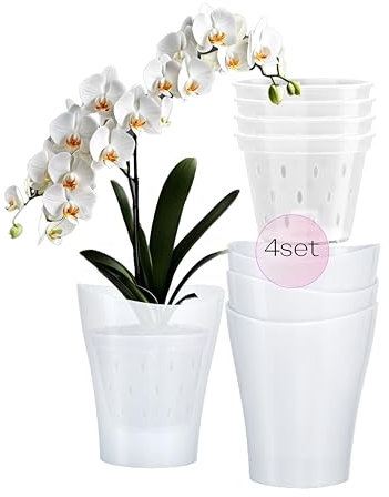 Garten lux 4er-Set Selbstbewässerungstöpfe für Orchideen-Transparent, Ø13cm, Orchideentopf 1,7L (Innentopf 1.35L Drainagelöchern mit Docht)+7,5L Orchideensubstrat für alle Orchideenarten für den Innen