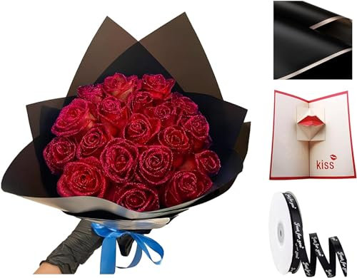 Eeiiey Bouquet di rose artificiali glitterate, da assemblare, bouquet di rose finte eterne, lucide, regalo d'amore per San Valentino, anniversario, fidanzamento (rosso, 12 rose)