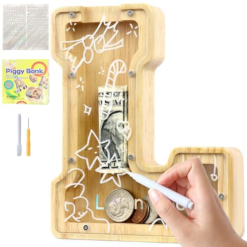 Lakpopya Personalisierte Durchsichtige Holz-Spardose für Kinder - Jungen & Mädchen, Taufe & Geschenk, A-Z Buchstaben, Zielbereich & Aufkleber & Marker (L)