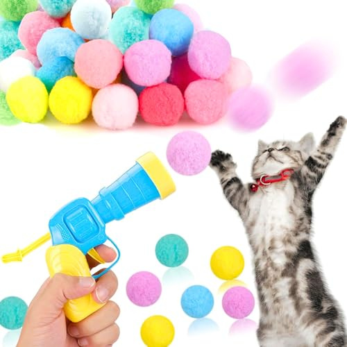 DEEMEIS Katzenspielzeug, Interaktives Katzenspielzeug, Ballwerfer mit 100 weichen Bommelbällen, Apportierspielzeug für Indoor-Übungen, Haustierjagd-Trainingsspielzeug