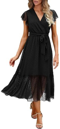 Adigaber Abiti Donna Estivi Casual Lunghi Vestiti Increspature Manica Corta Vestito Elegante Scollo a V A-Linea con Cintura Maxi Abito