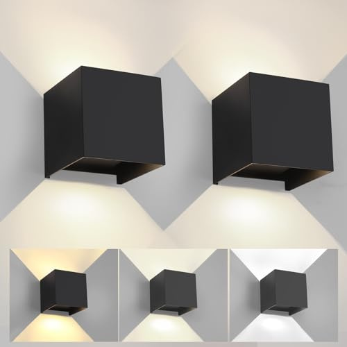 2 Stück Wandleuchte Aussen Innen Einstellbare 3 Lichtfarben LED Wandlampe Aussen Außenwandleuchten Außenlampe Schwarz 6W IP65 Wasserdicht quadratisch Aluminium Wandleuchte Passen Sie den Lichtwinkel