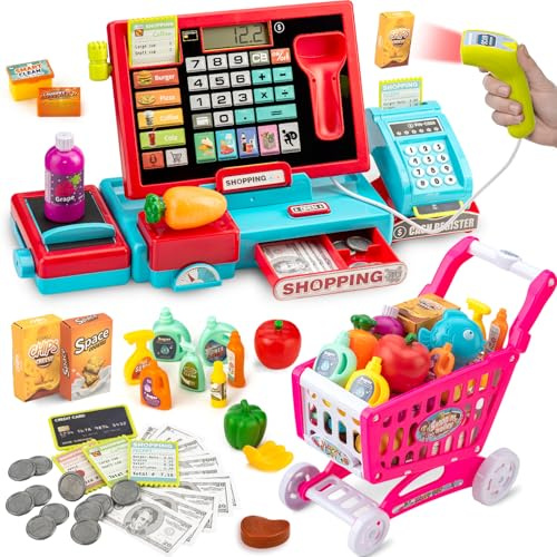 Registratore di Cassa Giocattolo Realistico per Bambini 3-8 Anni con Scanner, Musica, Cibo e Carrellino - Giochi di Ruolo Negozi (Rosso-Blu)